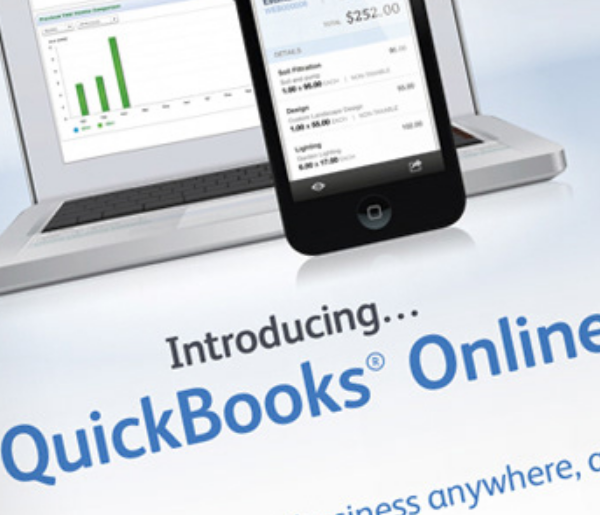 a laptop, a phone and a text “Introducing QuickBooks Online