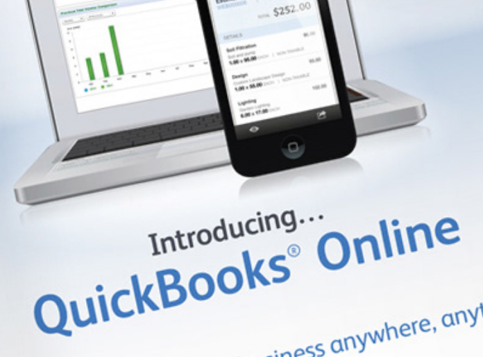 a laptop, a phone and a text “Introducing QuickBooks Online