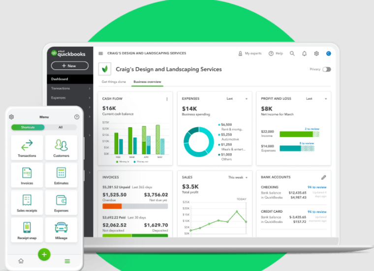 personal QuickBooks account on a phone and laptop screens: