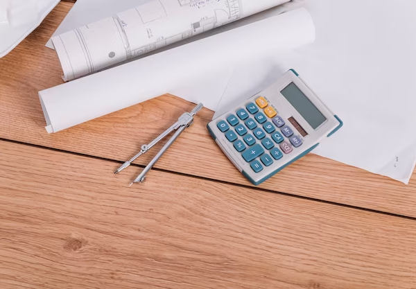 A calculator and pieces of paper on a wooden table