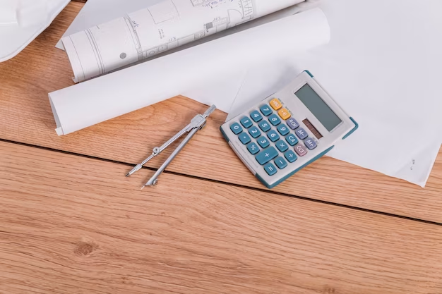 A calculator and pieces of paper on a wooden table