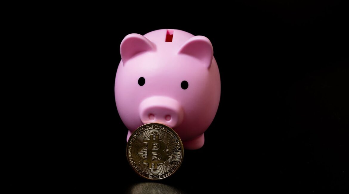 Investment piggy bank with a bitcoin