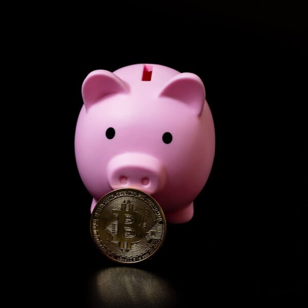Investment piggy bank with a bitcoin