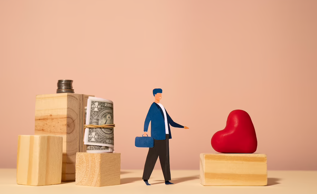 A man walking toward a heart symbol, with money depicted behind him.