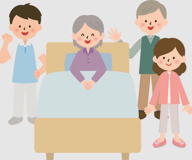 family next to an elderly woman's bed