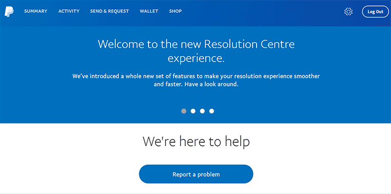 Screenshot of the PayPal website featuring the 'Report a Problem' section