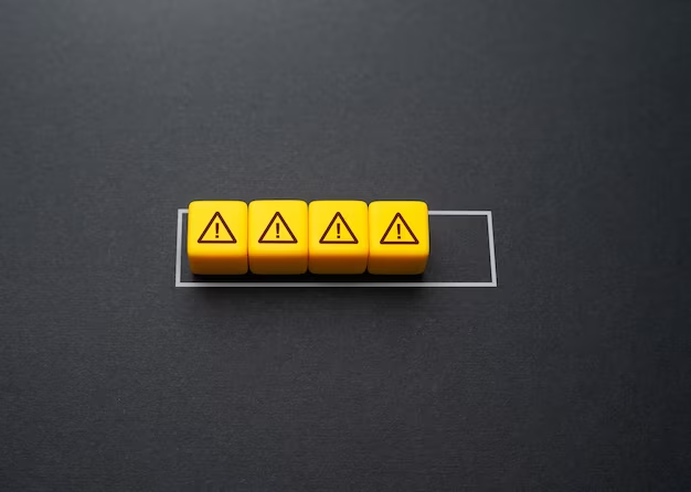 Three yellow cubes with caution icons on a black background