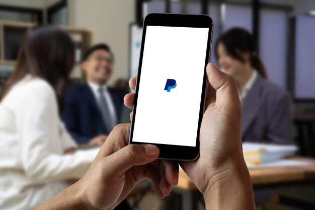 Man holding a smartphone with an open PayPal application against the background of colleagues