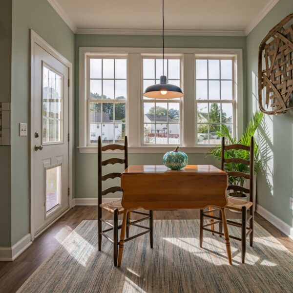 A room with a table, 2 chairs and a wooden picture.